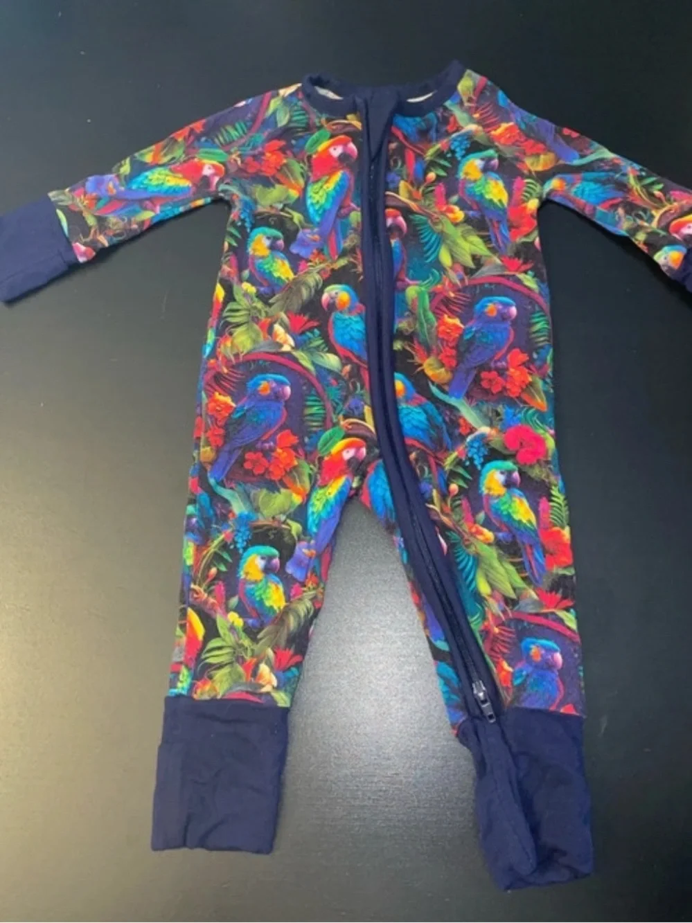 Navy Tropical Parrot Print Kids One-Piece Romper